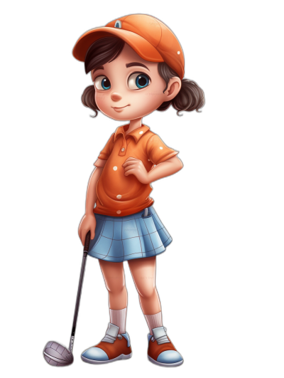 A young girl dressed in golf attire, wearing an orange shirt and blue skirt with white socks under it, she is holding the club at her side while smiling at you, cartoon style character design, solid black background, cute little hat on head, simple facial features, full body shot, 2D illustration, Disney Pixar movie poster, high resolution, detailed  texture, wide angle shot, cinematic lighting, soft shadows, no contrast, clean sharp focus, film grain, color grading