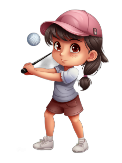 chibi style cartoon of girl playing golf, black background, pink cap and white shoes, brown hair in ponytail with bangs, grey shirt, hitting ball off tee post to the right side of body, white pants