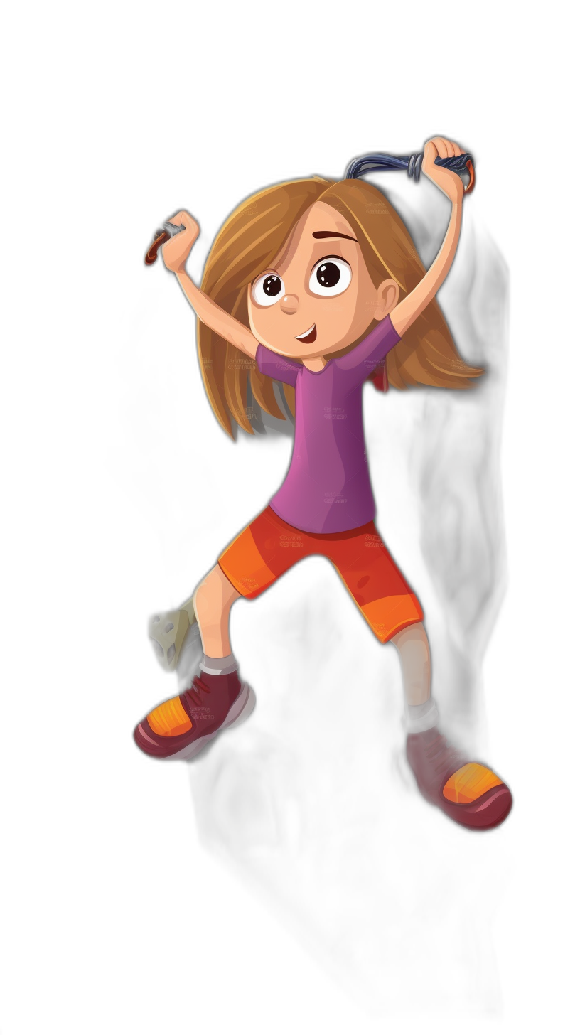 A late-teen girl with medium-length brown hair and fair skin is depicted in the style of Dora the Explorer. She is holding up a flashlight to smoke coming from it while jumping on one leg. The girl is wearing a purple shirt, orange shorts, and red shoes. She has wide eyes and looks happy against an isolated black background.