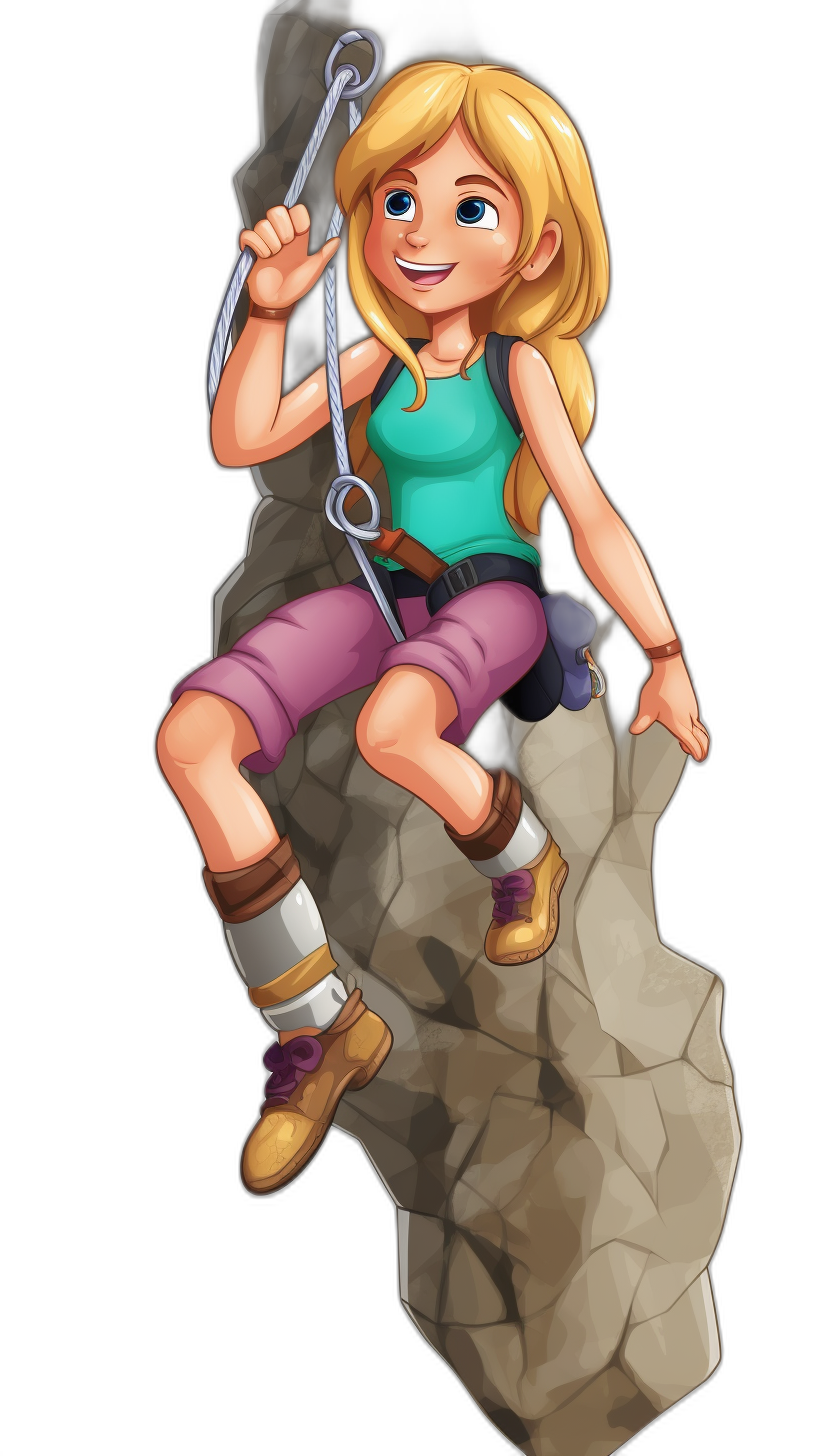 A cartoon girl in short purple shorts, pink socks and black shoes is climbing on the boulder with her hands holding ropes, smiling happily. She has blonde hair tied behind her head, blue eyes, green top, white skin, no background. She is depicted in the style of a cartoon, game art design, with a high resolution. Black solid color background. Full of vitality. High quality. No text or other elements. Happy expression. Bouldering equipment. Depicted from the front view at a front angle.