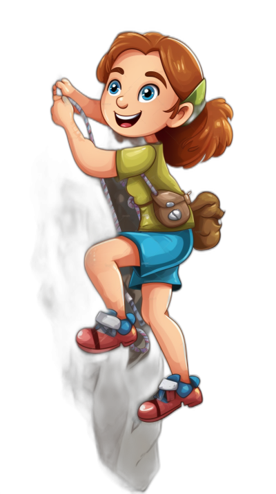 2D game art, cartoon style, side view of little girl with brown hair and blue eyes climbing a rock wall holding a rope wearing a green shirt, red shoes and a short skirt with a backpack in the style of full body on a black background.