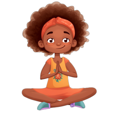 African American girl, aged 68 years old, sitting cross-legged in a lotus position with her hands folded in front of her chest for prayer or meditation. She has an afro and is wearing an orange t-shirt, pink shoes, a colorful headband in her hair, in a simple cartoon style, vector illustration, on a black background.