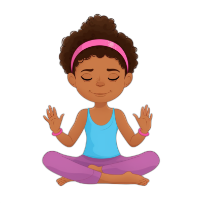 African American girl doing yoga, a pink headband on her forehead and wearing a blue tank top, purple pants sitting in lotus position with hands together on a black background in the style of a cartoon clipart style.