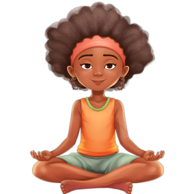 African American girl with big hair wearing yoga , sitting in lotus position and meditating on a black background, in the style of a cartoon with vector illustration, as a tshirt design, with flat colors, simple shapes, 2D, high resolution, high detail, high quality, high definition imagery.