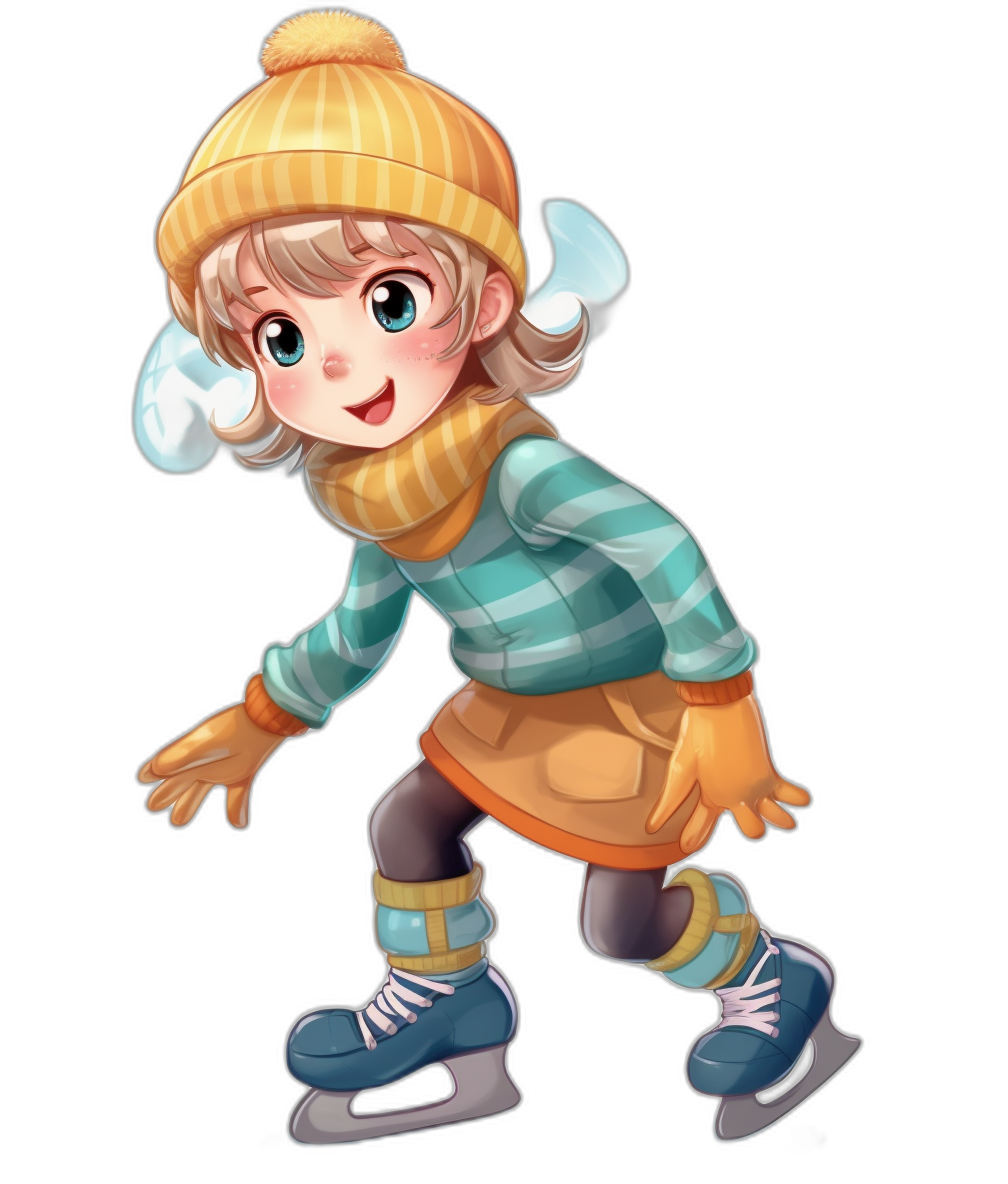 A cute girl wearing winter  is ice skating on a black background in a cartoon style. She has short blonde hair and blue eyes with bangs, wears an orange hat, striped sweater, skirt, tights and shoes. Her hands hold her skates. The colors of her outfit include yellow, green and brown.