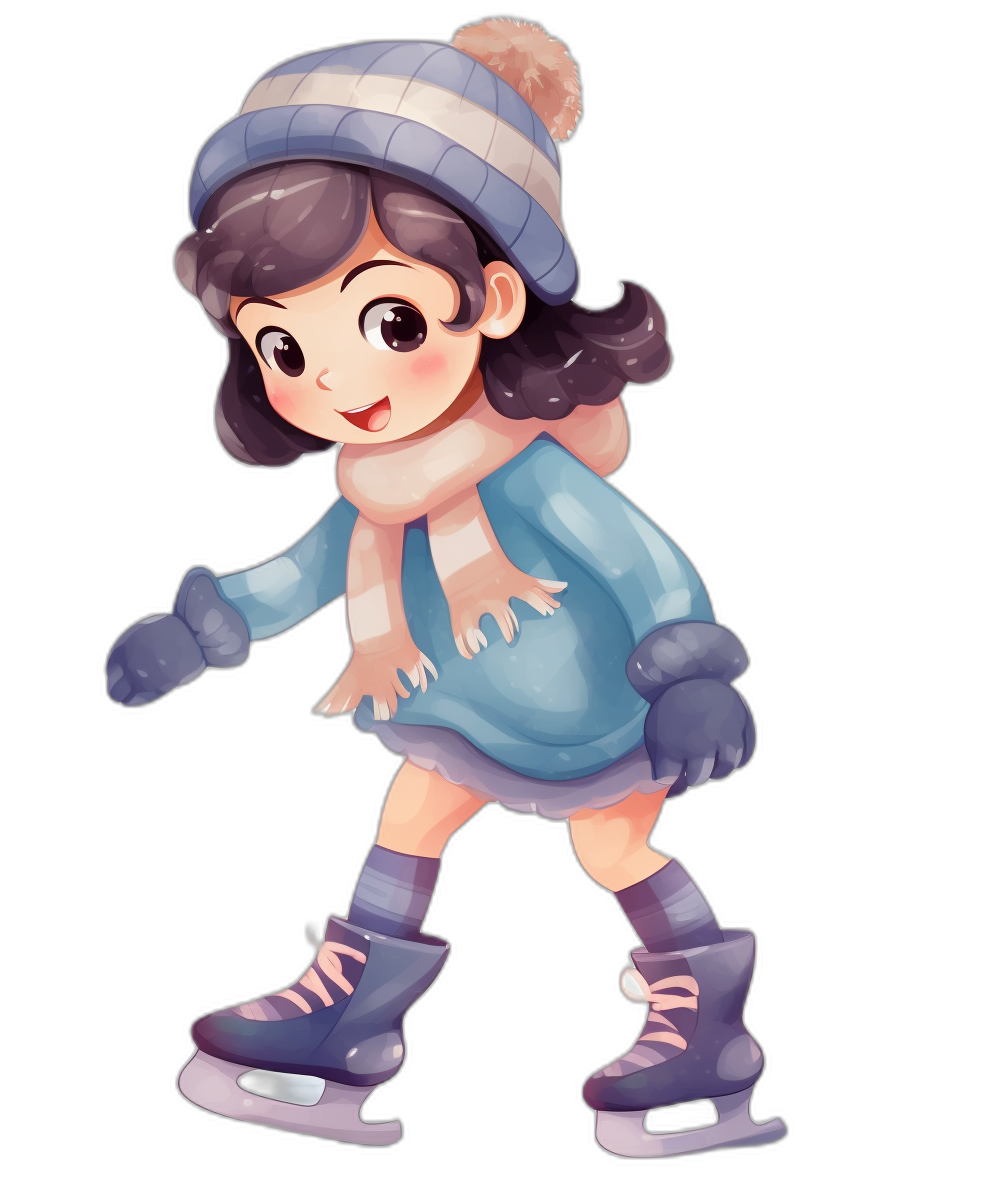 Cute girl character, wearing a blue dress and hat with a scarf around her neck skating on an ice rink, in the style of a clipart style isolated illustration in pastel colors, vector design, highly detailed black background, high resolution, professional quality image, no text or letters.