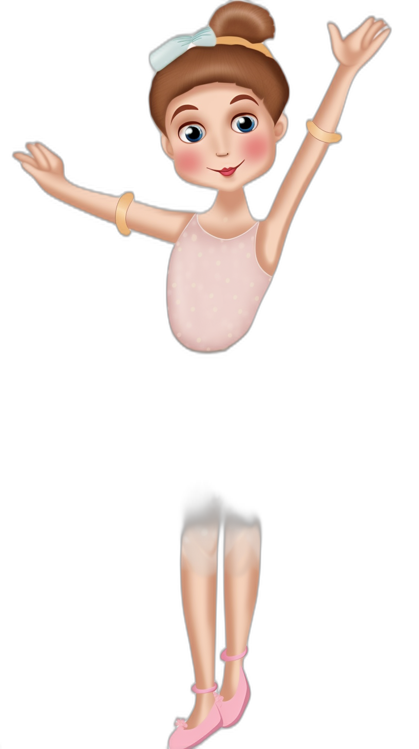 A cute little ballet dancer girl in a cartoon style in a full body shot against a black background in a flat illustration at a high resolution without shadows in a 3D Pixar art style with pink shoes and a white headband on her forehead with a happy expression and raised arms in the air with cute eyes and a smile and short brown hair with a blue bow at the top of a bun, wearing a pale pink tanktop and black pants.