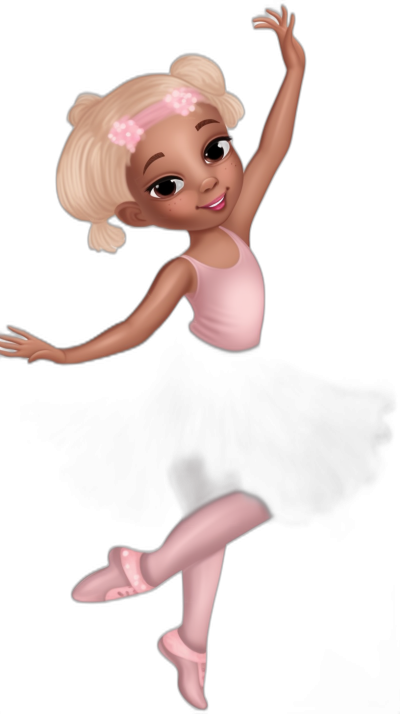 african american ballerina with blonde hair, pink top and black tights, cartoon style, black background, 3D rendered, cute baby girl dancing in the air, smiling, pink shoes, in the style of no artist.