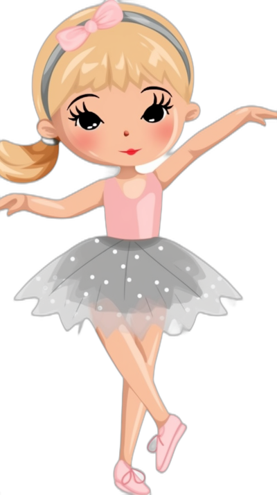 A cute blonde ballerina with pink shoes and a grey tutu in the style of clip art for stickers on a black background.