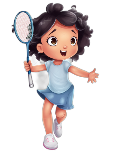 Cute little girl playing badminton, wearing a blue skirt and white shoes, with a smiling face, curly hair, in a full body portrait, against a black background, in the cartoon style, in the style of Disney Pixar, as a cute version of the character design, with high definition details, at a high resolution.