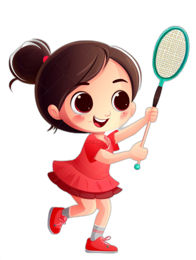 Cute little girl playing badminton, wearing a red dress and shoes, in the style of a cartoon, against a black background, with simple lines and bright colors, with cute expressions, big eyes, and a happy smile. Holding a racket in her hand, in the style of a cartoon.