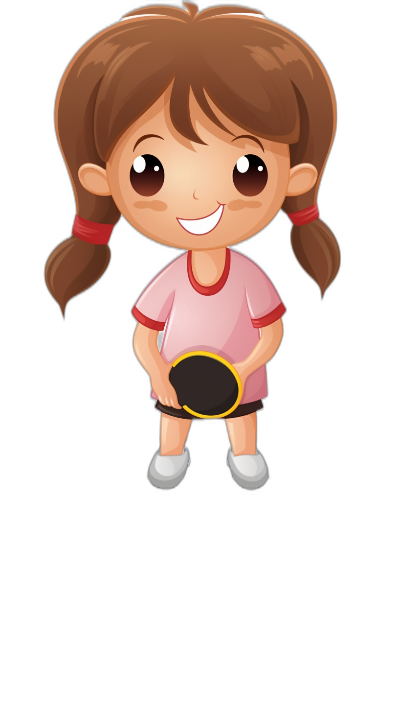 A cute little girl playing table tennis in a cartoon style with a simple design and flat colors in a vector illustration against a solid black background with no shadows and a cute and happy facial expression. She is wearing a pink t-shirt with red pigtails and is holding an empty circular small foam plate in her hands while smiling.