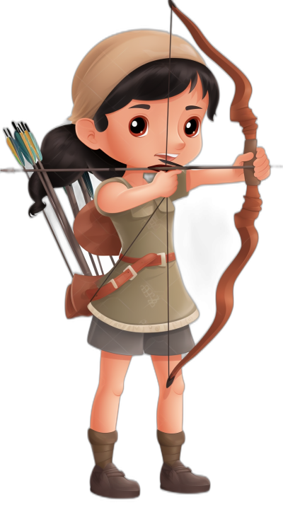 A cartoon character of an Asian girl with short black hair wearing a beige headband, a green shirt and brown long pants holding a bow and arrow. The drawing style is simple, in the style of Disney Pixar illustrations. It is a full body shot, on a black background, with high resolution.