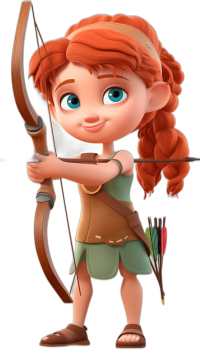 Disney Pixar style cartoon of a cute little girl with red hair and blue eyes, dressed as an archer on a black background in a full body pose.