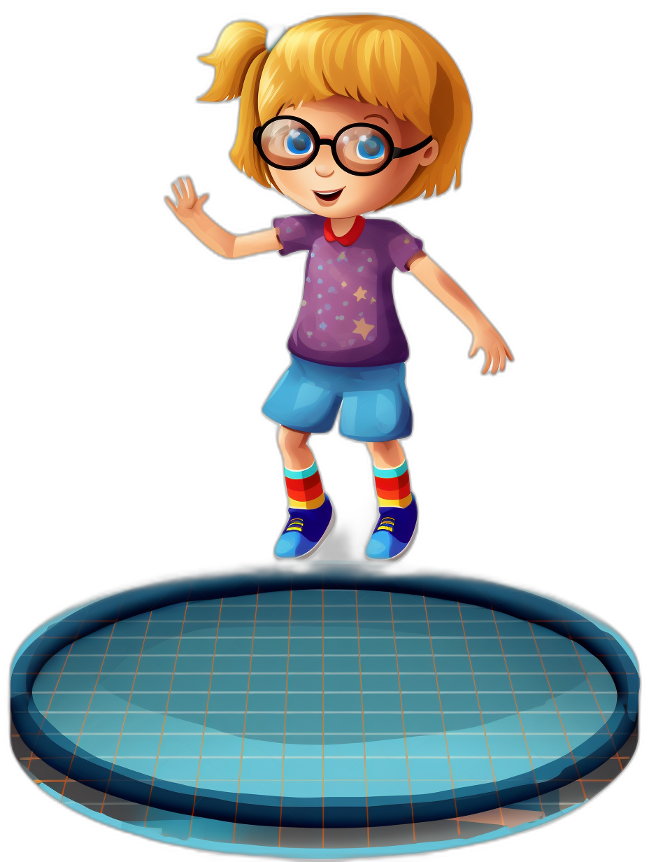 A cartoon girl with glasses, blonde hair and blue eyes is jumping on the trampoline. She has a purple t-shirt and short sleeves, red shorts and colorful socks. The background behind her entire body except for her legs is dark blue, she stands facing the front on top of a round mat. Vector illustration with an isolated black background. In the style of a cartoon.