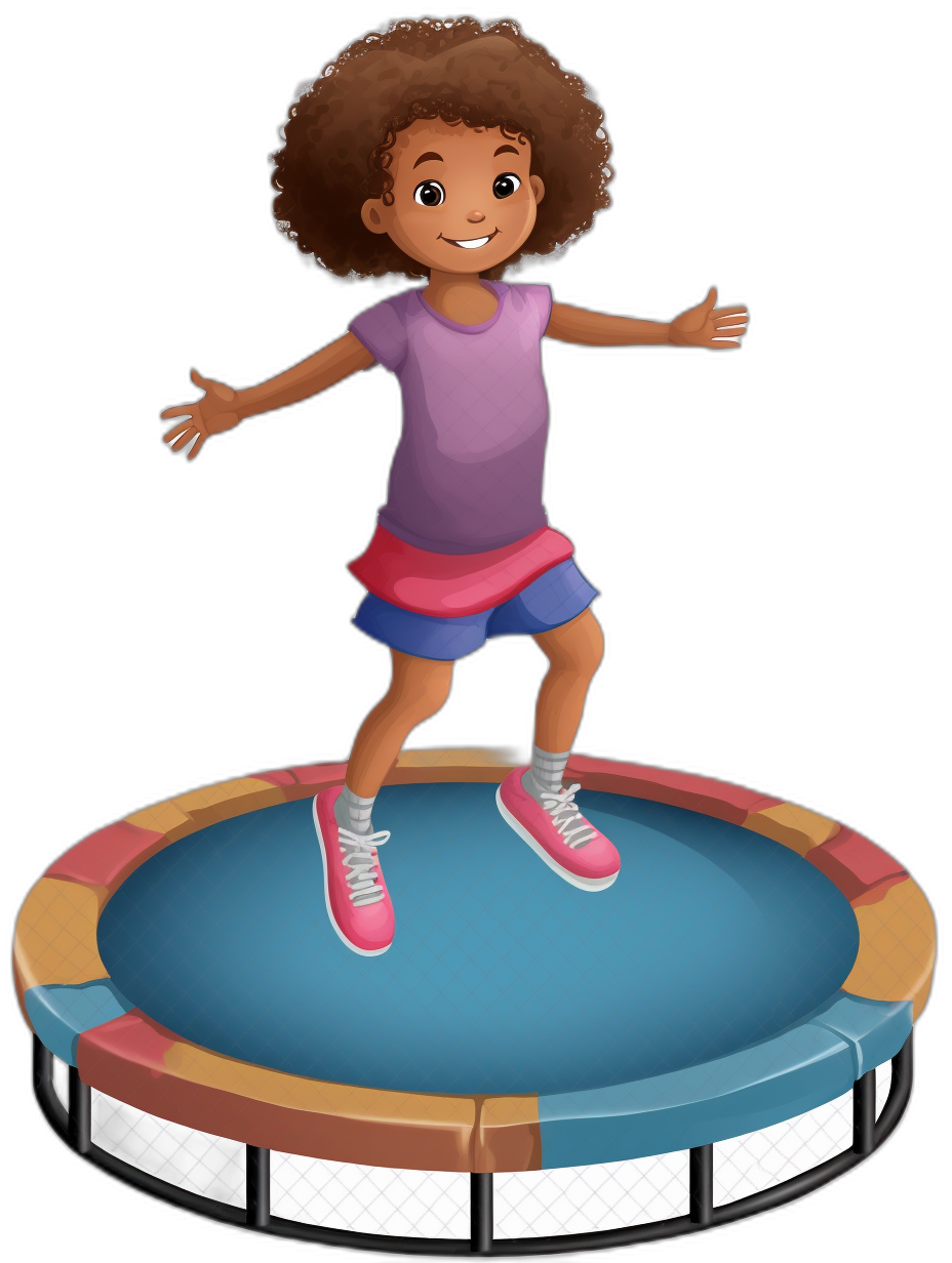 A cartoon girl with an afro, wearing pink shoes and a purple shirt is jumping on the trampoline against a black background, in the style of clipart and in the style of Pixar.