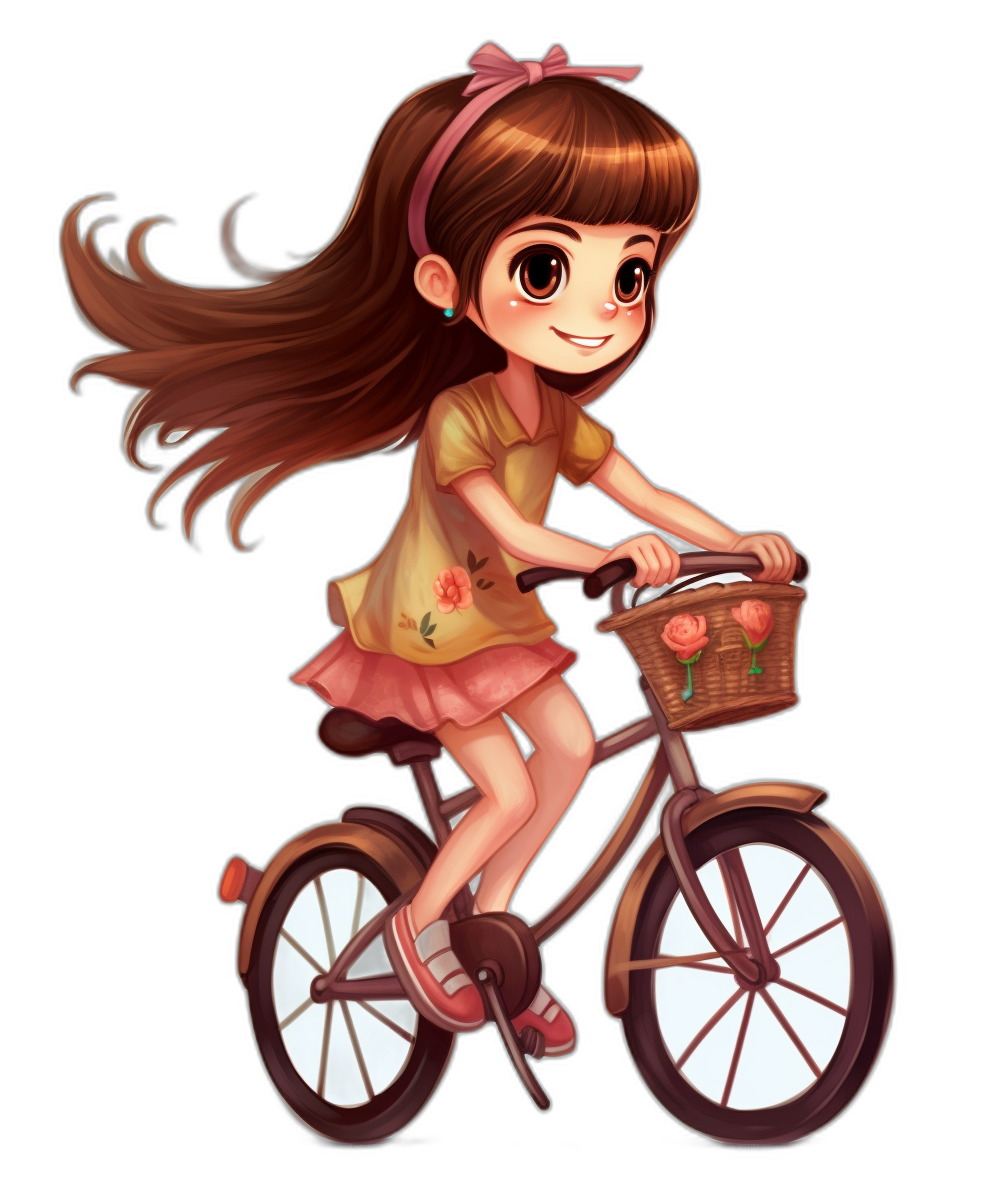 Cute girl riding bicycle in the style of chibi style character design, vector illustration, digital art on a solid black background. She wears a cute dress and shoes and has long brown hair with a pink ribbon in her headbasket. She is holding the handlebar of an old-fashioned vintage bike that has flowers in its basket. She has a smiling face expression in soft lighting with high resolution and high quality.