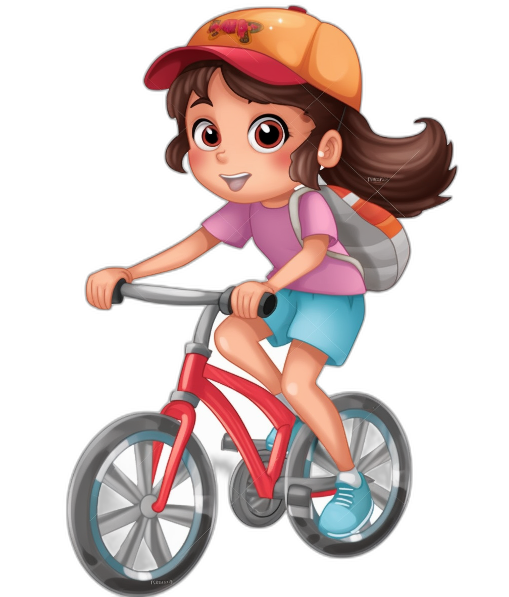 A cute girl riding a bicycle in a cartoon vector illustration on a black background, wearing a cap and sport shoes with big eyes sticker clipart isolated.