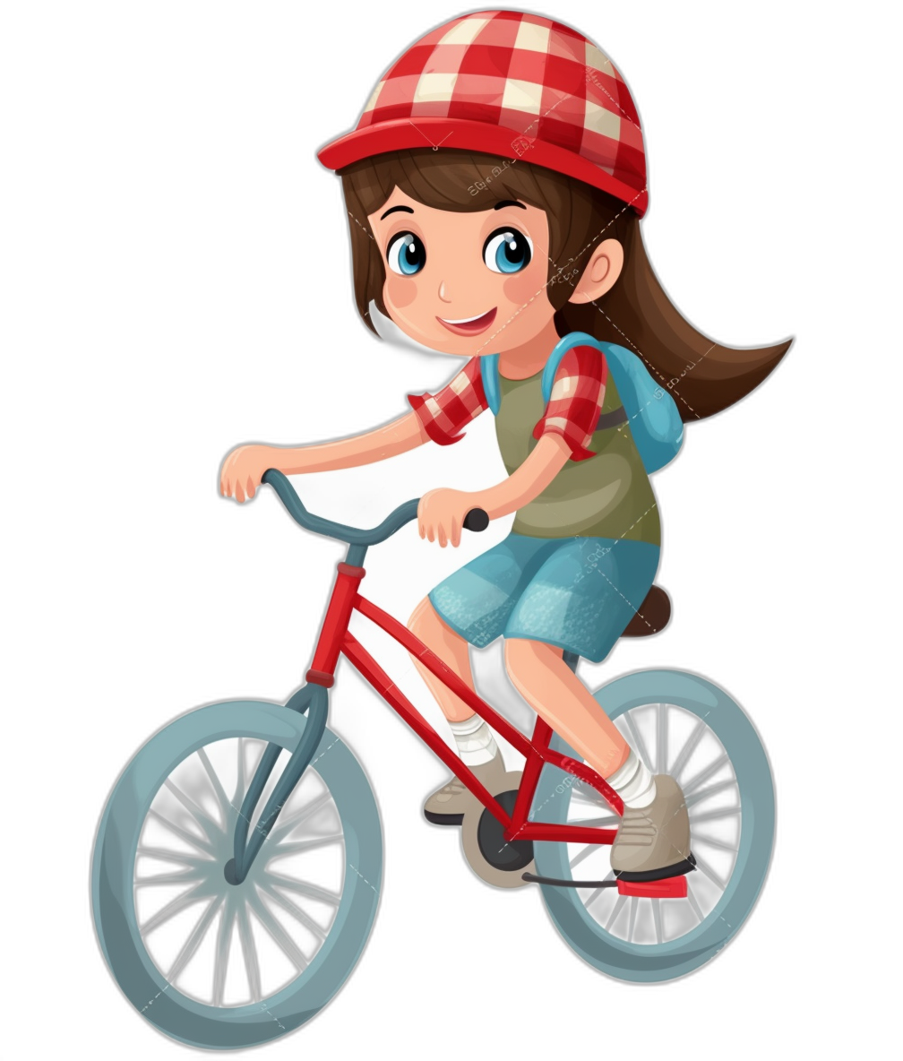 A cute girl riding her bike cartoon vector with a black background, wearing a red and white checkered cap, a blue shirt and shorts. The image is in the style of a simple cartoon vector.