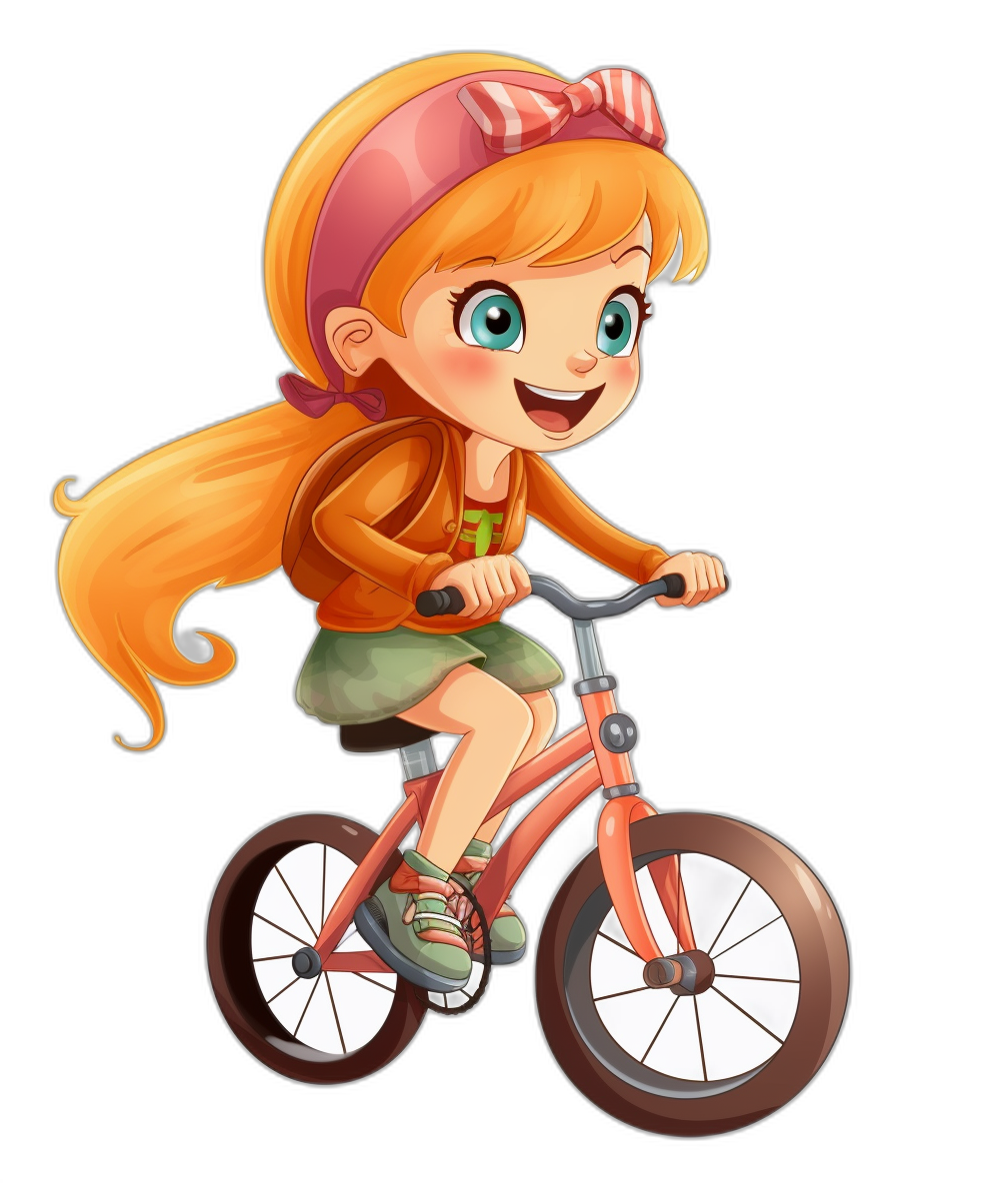 A cute cartoon girl with ginger hair and an orange shirt riding her bike against a black background in the style of clip art.