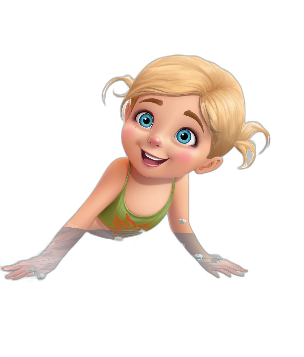 Cute blonde girl, smiling and looking at the camera in an aquatic green tank top with white shoulder straps while doing gymnastics on a black background, in the style of Disney Pixar cartoon, cute character design, in the style of 3D cartoon.