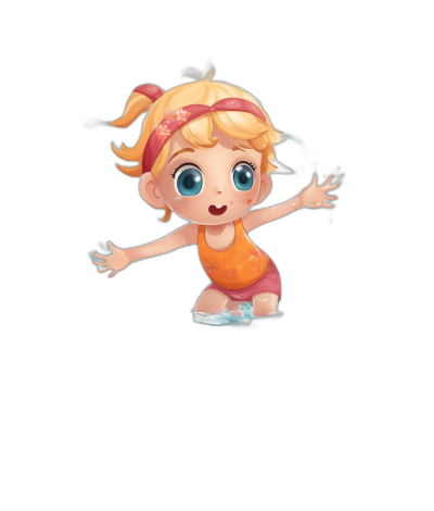 Cute cartoon girl doing stretching exercises. The character design is in the style of Pixar and Disney digital art, with a 2D game graphics appearance. It is a full body shot with the head and feet visible from above. She has cute little blonde hair with a pink bow, wearing an orange tank top and red shorts. She has a happy expression and is isolated on a dark blue background with a white outline stroke.