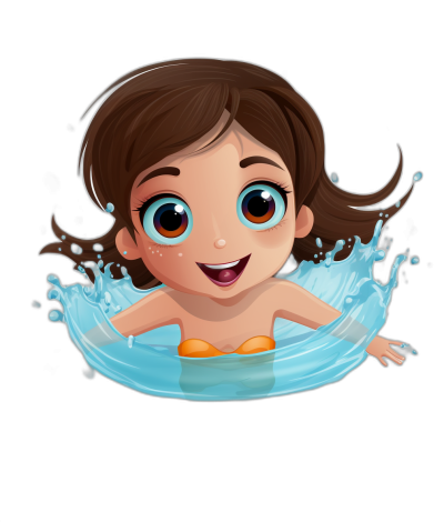 Cute cartoon girl swimming in water, smiling with big eyes and brown hair, simple background, vector illustration style, flat design, black background, high resolution, bright colors, high detail, cartoon character design, professional photography, high quality, high definition, high details, high resolution.