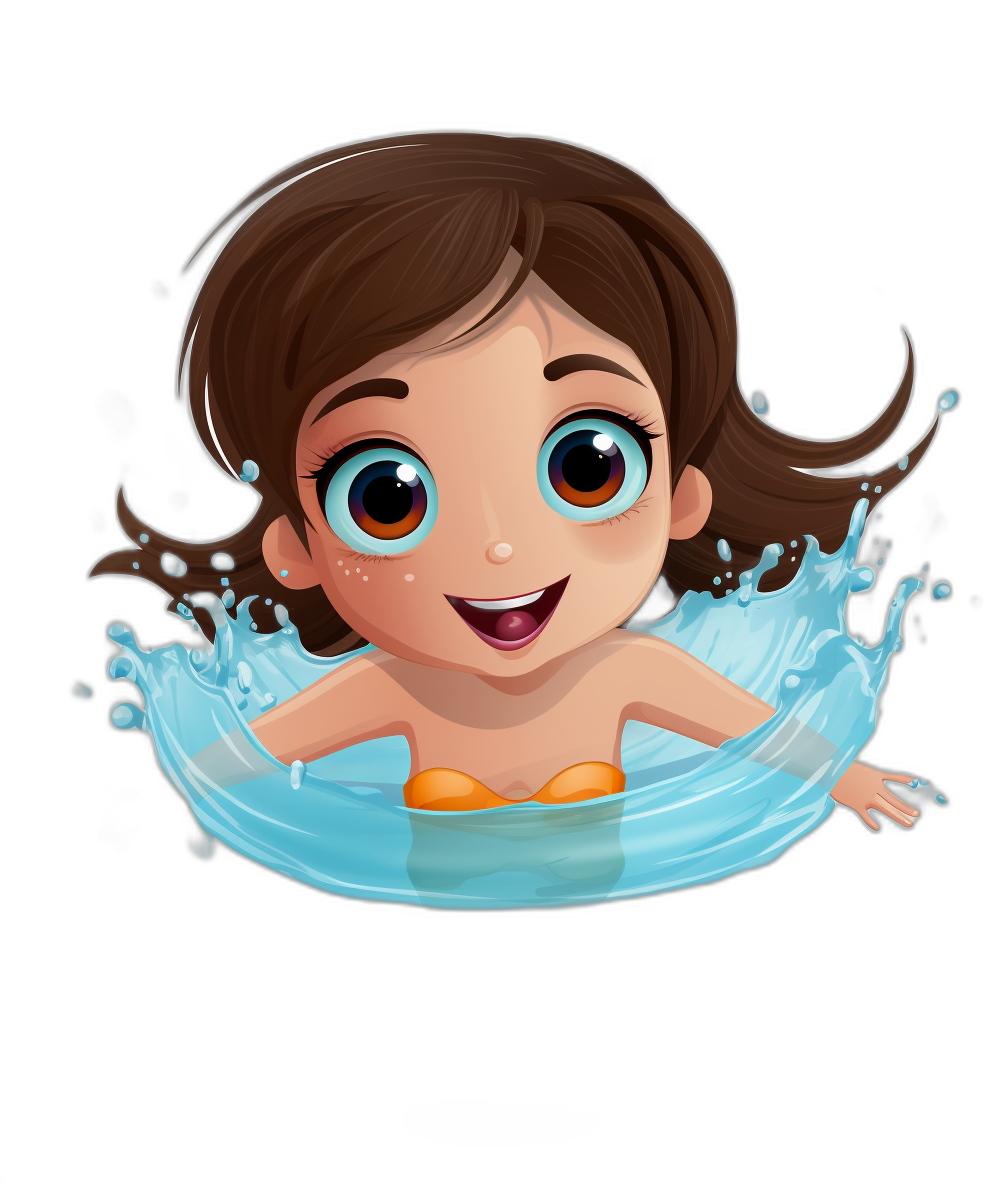 Cute cartoon girl swimming in water, smiling with big eyes and brown hair, simple background, vector illustration style, flat design, black background, high resolution, bright colors, high detail, cartoon character design, professional photography, high quality, high definition, high details, high resolution.