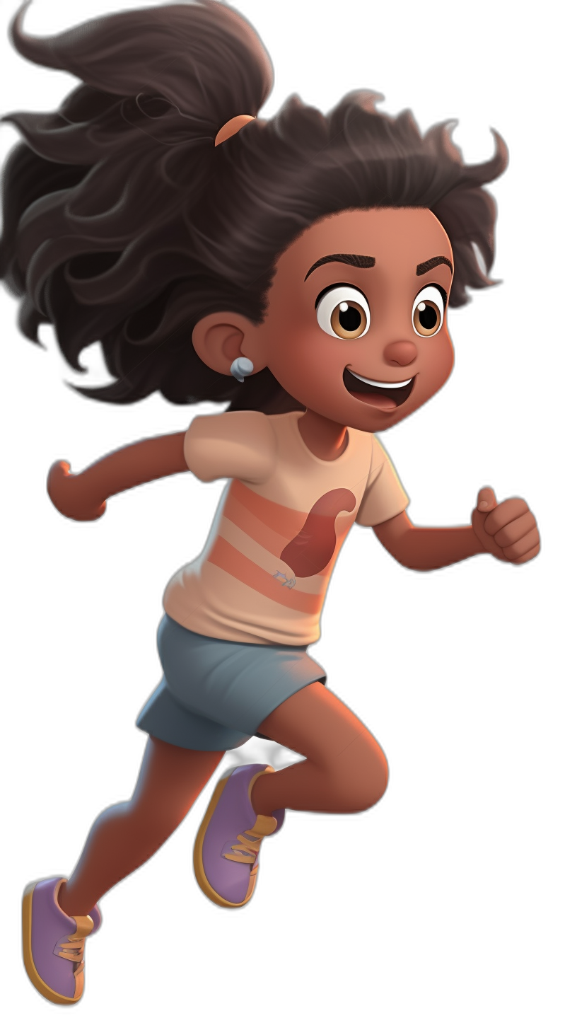 A smiling, young African American girl with pigtails is running and wearing shorts over tights and sneakers, in the style of Pixar Disney characters. She is facing forward, looking at you, on a black background. Her hair appears to be blowing behind her as she runs. The character has large eyes and exaggerated features typical for animated art. There is no text or other elements visible except for one thumbs up that covers part of her face.