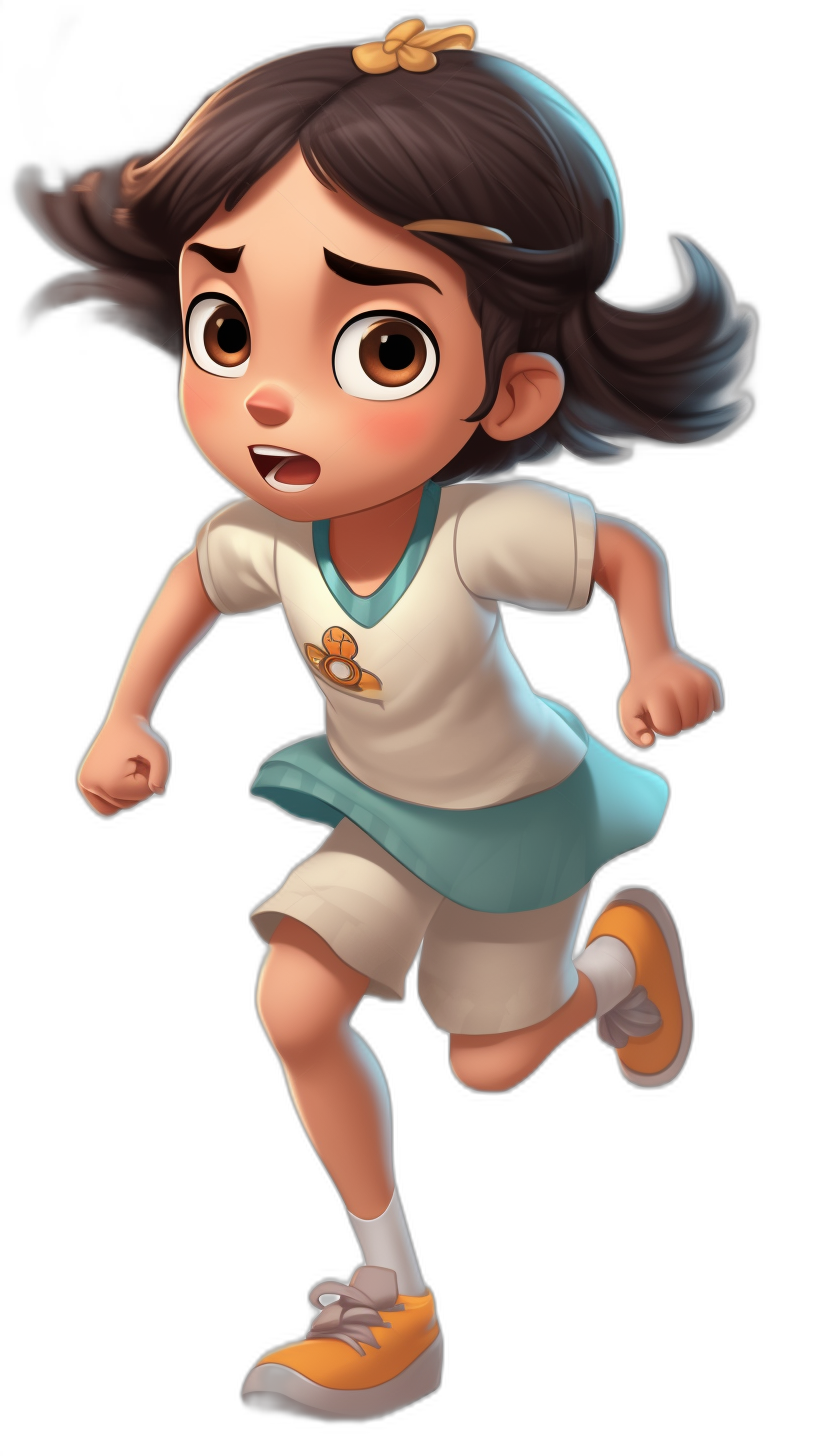 A little girl in a white and blue school uniform is shown running with a cartoon character style pose against a black background. She has cute expressions with brown eyes and is drawn in the Disney Pixar animation style with a big head and small body. The full-length portrait shows her front view with high resolution and high detail, in the style of Pixar. She is wearing yellow shoes.