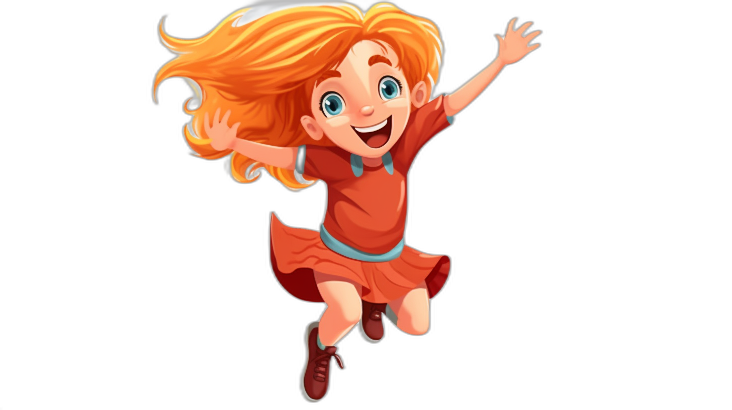 A young girl with orange hair, a red dress and a blue collar jumping in the air smiling in the style of a cartoon on a black background.