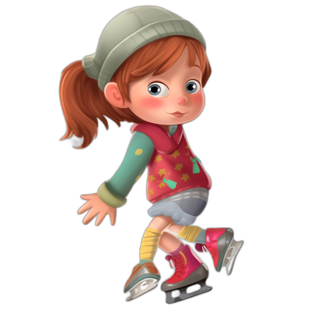 A cute girl is ice skating, wearing casual socks with colorful patterns on them. She has brown hair in pigtails, blue eyes, pink shoes, wears an adorable green hat, in the style of Pixar, in the style of Disney cartoon character design, full body shot, black background, 3D rendering, high resolution.