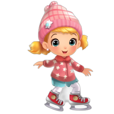 A cute little girl ice skating in pink and white  with stars on them, wearing red sneakers, in the style of clipart, in the style of Disney Pixar cartoon, on a black background, with a very simple design, cute, showing her full body, wearing a cute hat on her head, with blonde hair, and big blue eyes, with no outline around the character and no shadows behind.