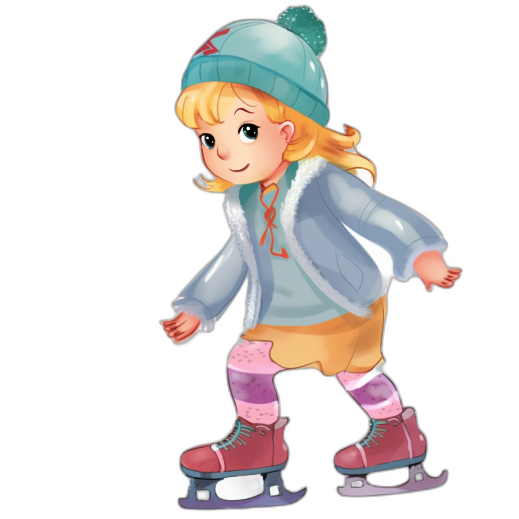 A cute little girl is skating, wearing winter  and ice skates, with blonde hair tied in a bun, a blue hat on her head, pink socks, against a black background, in the style of a sticker design with simple lines, as a flat illustration using vector graphics, in a 2D, full body portrait at high resolution with high detail and quality in a high definition style.