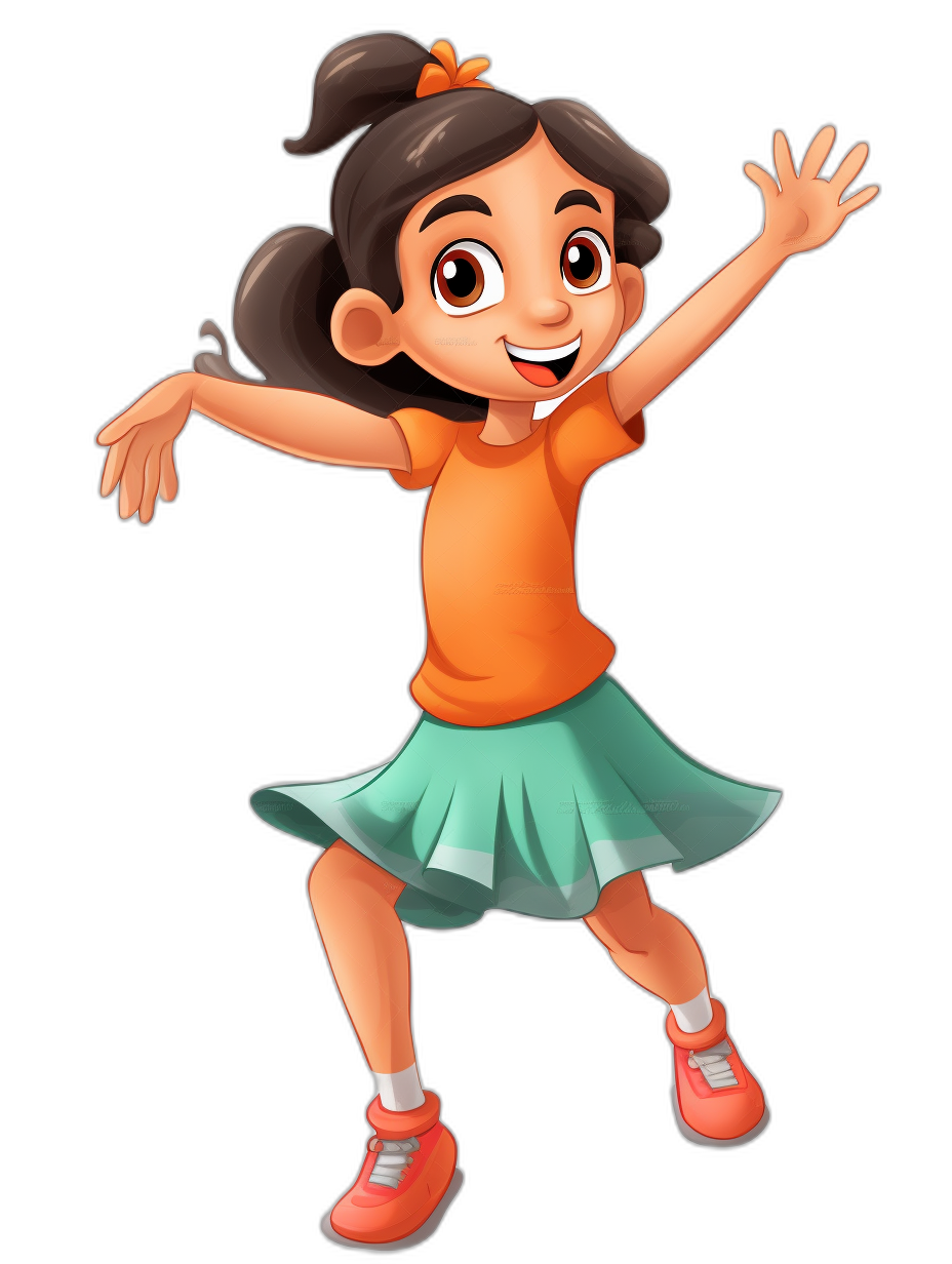 A cute, happy smiling Indian girl in an orange t-shirt and green skirt dancing. She has brown skin and is shown in a full body shot with a black background, in the style of Disney Pixar cartoons.