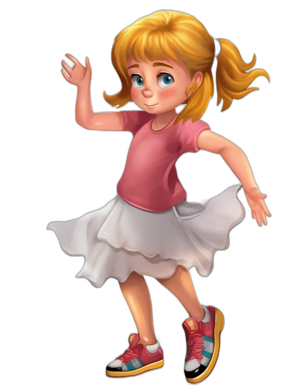 A young girl with blonde hair in pigtails, wearing a pink t-shirt and white skirt dancing. She is smiling while doing the waltz dance in the style of a cartoon character design sheet, isolated on a black background. She wears colorful shoes with laces and has blue eyes. She smiles gently at her feet. A full body view of the little cute woman in the style of a 3D rendering with a cartoon art style, high resolution, high detail, and detailed shadows with natural lighting from a professional studio photography session.