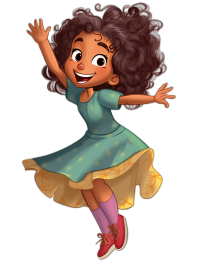 African American little girl, wearing a dress and shoes, with curly hair in braids dancing in the air, smiling, full body, black background, in the style of Pixar cartoon character.