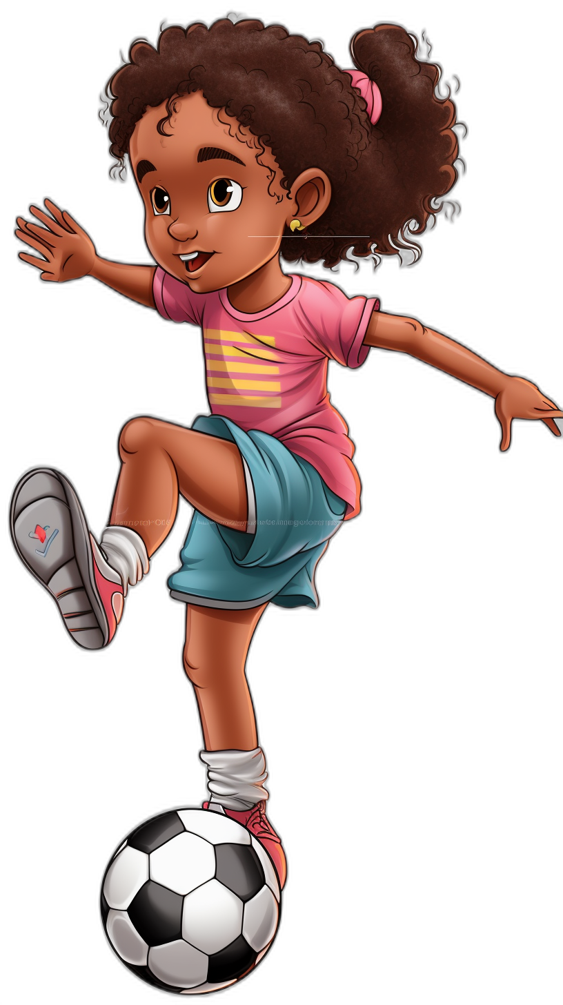 African American girl character, in the style of Pixar style cartoon playing soccer, black background