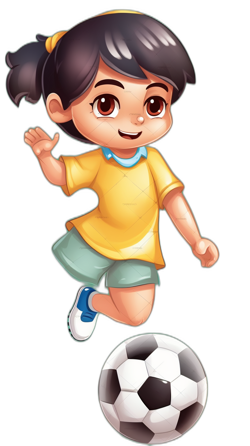 Cartoon character, Asian girl playing football, wearing a yellow T-shirt and green shorts with blue shoes on a black background, in the style of a cartoon. She is kicking the ball in midair, with brown eyes, a smiling expression, short hair, and long curly bangs. The soccer ball appears to be flying towards her foot. High resolution, with detailed details, high quality. Isolated object isolated on a white background. Vector Illustration. Cartoon Character Design. Black Background. Full body shot.