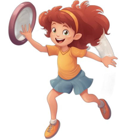 A cute girl is playing frisbee in a Disney style cartoon character design with a solid black background in the Disney animation style. She has red hair and wears an orange shirt with blue shorts. Her eyes sparkle as she jumps to catch the frisbee in midair. The colors of her outfit complemented by her bright smile make for a cheerful scene.