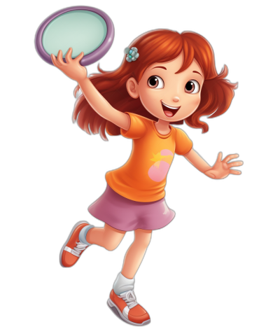 A cute little girl is playing frisbee in a cartoon style on a simple black background as a full body portrait. She has bright colors in the cartoon character design. She has medium red hair and wears an orange t-shirt with pink short sleeves and white sneakers on her feet. Her eyes have big eyelashes and she smiles happily as if having fun in the style of Disney Pixar animation. The overall color scheme of the illustration includes shades of purple and blue, adding depth to the scene. A small circle appears in front of her, symbolizing the game's logo.