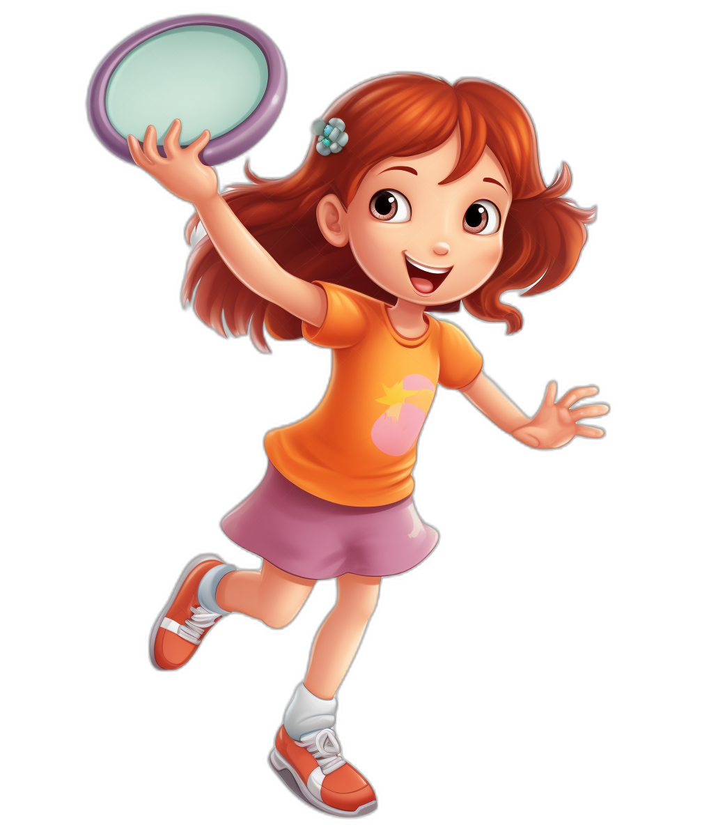 A cute little girl is playing frisbee in a cartoon style on a simple black background as a full body portrait. She has bright colors in the cartoon character design. She has medium red hair and wears an orange t-shirt with pink short sleeves and white sneakers on her feet. Her eyes have big eyelashes and she smiles happily as if having fun in the style of Disney Pixar animation. The overall color scheme of the illustration includes shades of purple and blue, adding depth to the scene. A small circle appears in front of her, symbolizing the game’s logo.