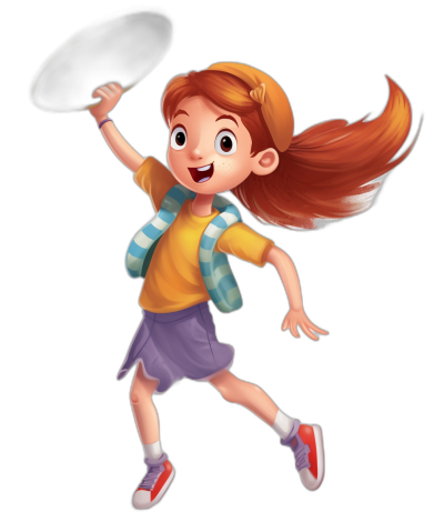 A young girl is flying in the air, wearing short sleeves and sneakers on her feet, holding an iron pan with one hand while jumping up to hit something with it. She has long red hair tied back in two orange pigtails, big eyes, rosy cheeks, dressed as a schoolgirl character in the style of a cartoon, isolated on a black background, in the style of 2D game art, in the style of Pixar animation.