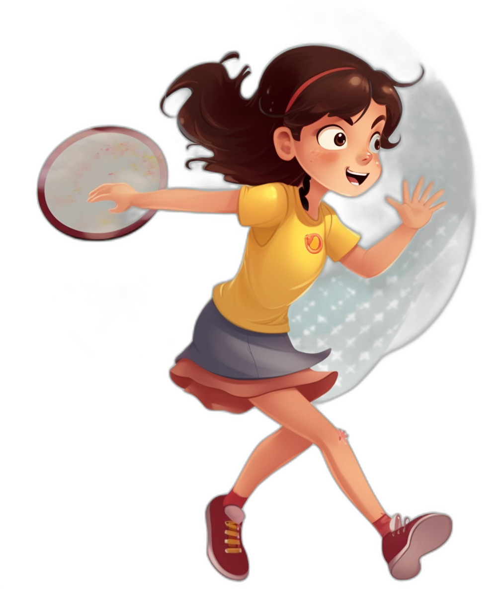 A girl in a yellow shirt and blue skirt is playing frisbee in the style of a cartoon, with a black background and the moon behind her. She has brown hair tied into ponytails and is wearing red shoes and holding white frisbees in one hand. Her expression should be cheerful as she jumps to catch it. The Moonlit Cloudy Night concept art should have vibrant colors, exaggerated facial expressions, lively poses, exaggerated movements, high resolution, and clear details. It’s full of vitality.