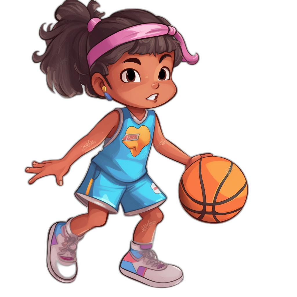 chibi style, cute girl basketball player in blue and pink uniform dribbling ball with headband on hair, full body, vector illustration, isolated black background, pixar style, simple design, 2d game asset, high detail, hyper quality, high resolution, 300 dpi, purple shoes, white sneakers, wearing socks, sneakers with logo, sports gear with letter “F” on it