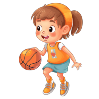 A cute little girl is playing basketball in a simple, flat cartoon style with a black background and color blocks. She wears an orange T-shirt with blue shorts underneath, and has sneakers on her feet. The ball in her hand is held high as she finishes the shot, in the style of .