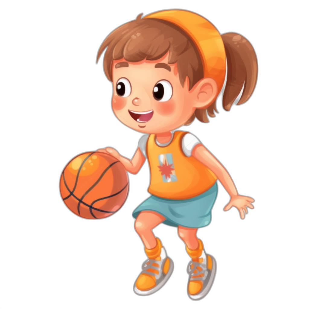 A cute little girl is playing basketball in a simple, flat cartoon style with a black background and color blocks. She wears an orange T-shirt with blue shorts underneath, and has sneakers on her feet. The ball in her hand is held high as she finishes the shot, in the style of .