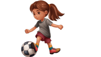 A little girl is playing football in the style of cartoon style on a black background in a flat illustration as a full body portrait with simple lines in the style of Disney Pixar animation for character design with 3D rendering and studio lighting keeping simple details at high resolution of 8K.