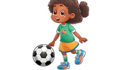 A cute little girl with dark skin, curly hair and wearing green tshirt and yellow shorts is playing soccer on black background in cartoon style. She has white shoes. The ball she's holding is white with the Brazilian flag on it. Her eyes have orange eyeliner and her mouth wide open showing teeth. Black flat color for cut out animation. Vector illustration. Full body shot. Isolated black space behind the character.