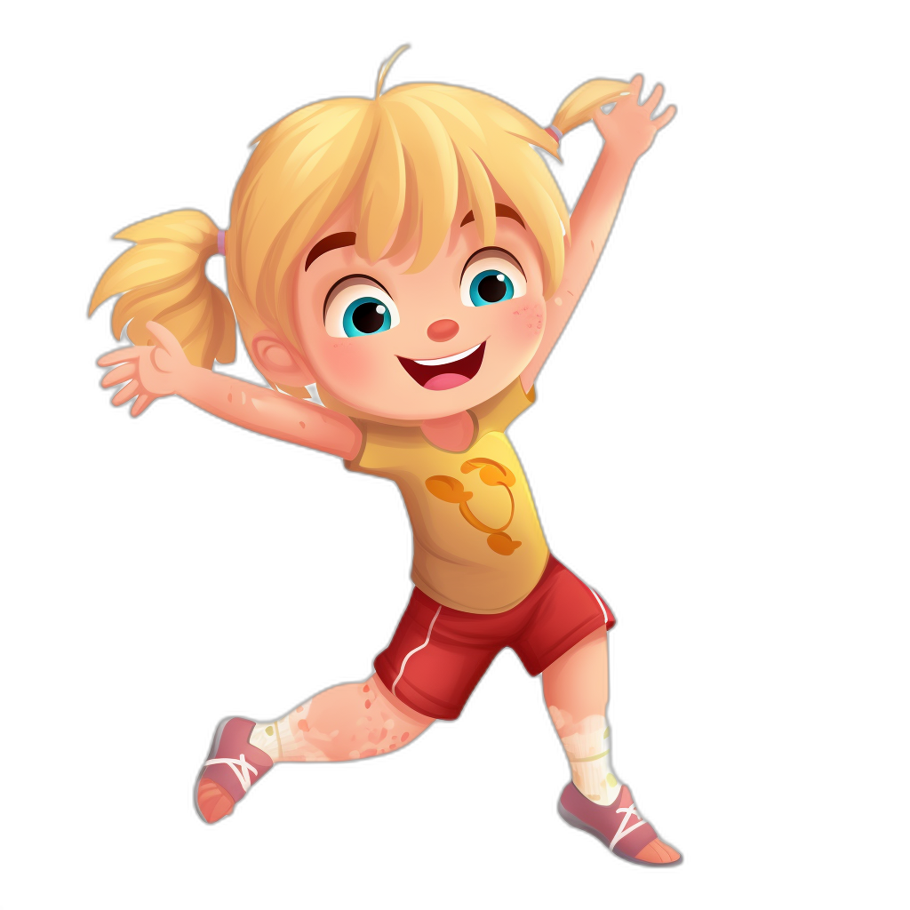 A cute blonde girl with pigtails in red shorts and a yellow t-shirt jumping in the style of Pixar, as a cartoon character on a black background.